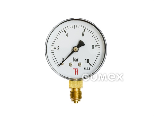 Manometer štandardný so spodným vývodom, priemer 63mm, vonkajší závit G 1/4", 0-10bar, trieda presnosti 1,6%, priezor akryl, púzdro oceľ, -40°C/+60°C